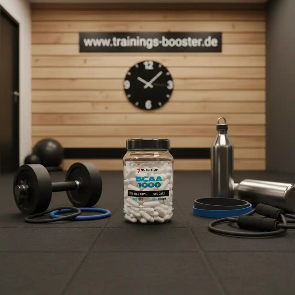 BCAA 1000 Kapseln in Fitnessstudio mit Hanteln und Trinkflasche