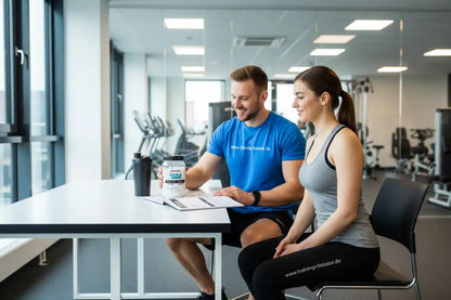 Mann und Frau im Fitnessstudio mit Nahrungsergänzungsmittel und Trainingsplan