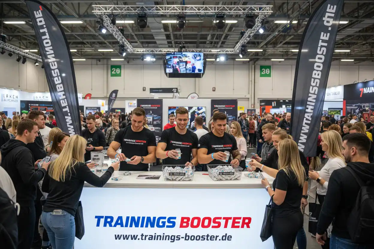 Trainings Booster Messestand mit Produkten und Besuchern