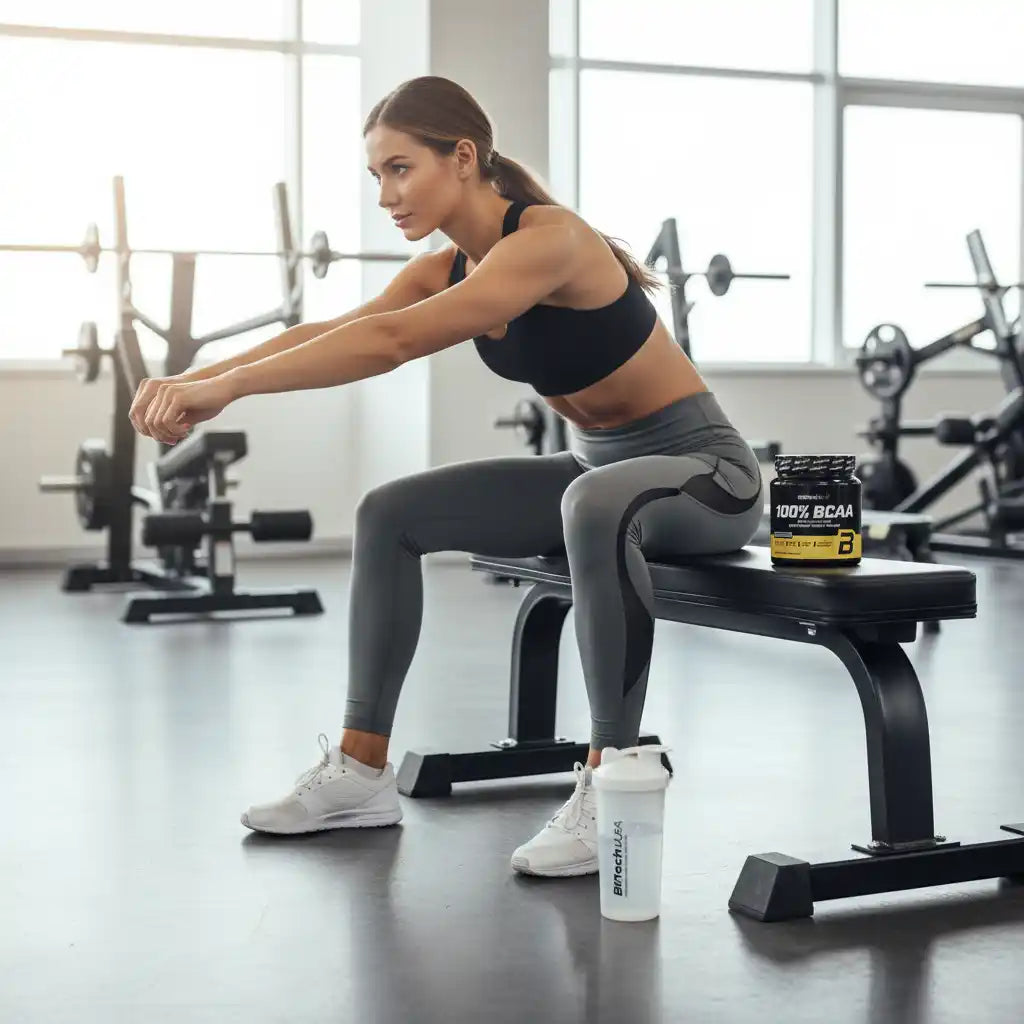 Frau im Fitnessstudio mit BCAA-Booster und Shaker, ideal für Sport und Training