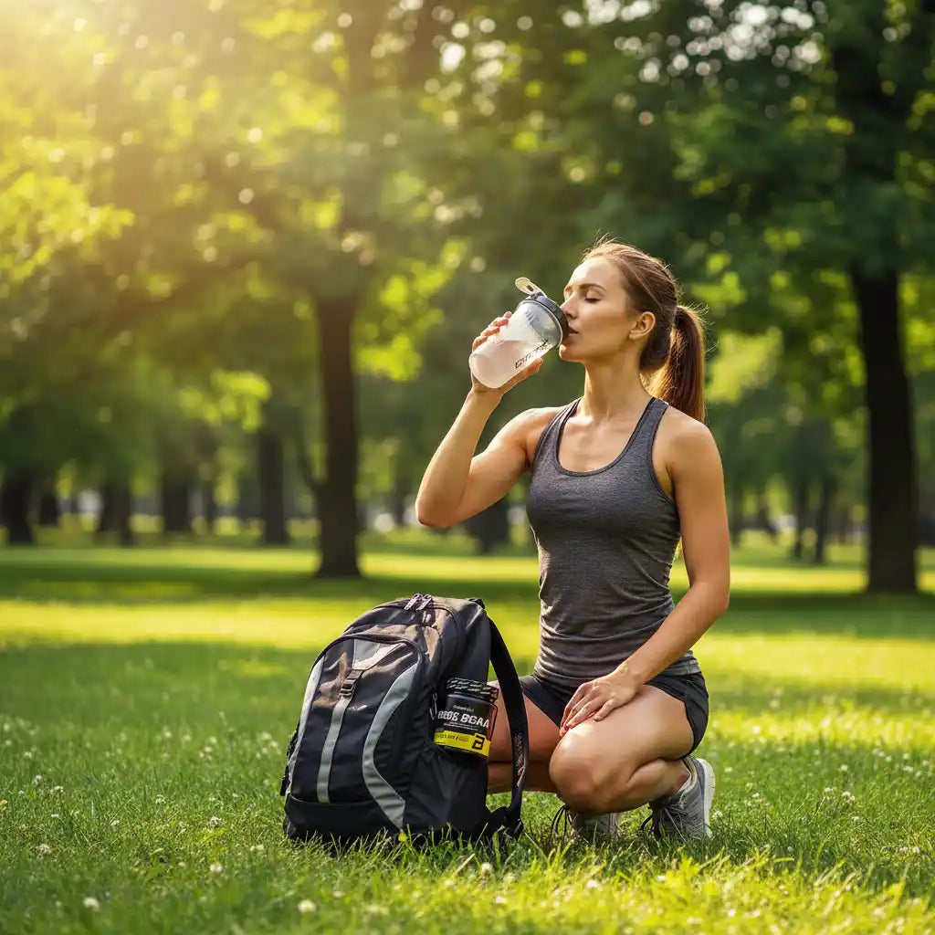 Frau trinkt Sportgetränk im Park, neben Rucksack mit BCAA-Booster für Fitness und Training