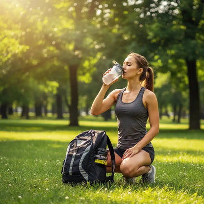 Frau trinkt Sportgetränk im Park, neben Rucksack mit BCAA-Booster für Fitness und Training