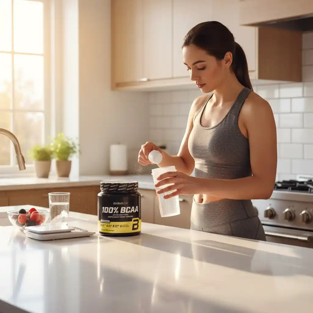 Frau bereitet BCAA-Pulver in der Küche zu – Sportnahrung für Fitness & Training