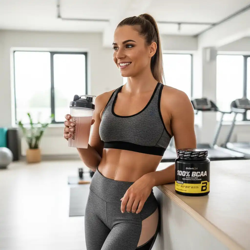 Frau mit BCAA-Shaker und 100% BCAA Pulver im Fitnessstudio, Sportnahrung für Training & Muskelaufbau