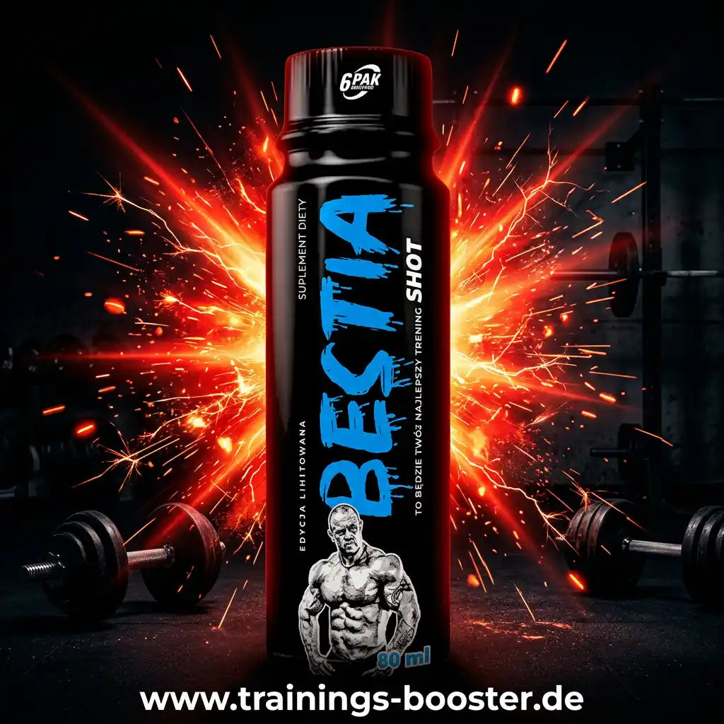 TREC NUTRITION BESTIA Pre Workout Shot 80ml vor einem explosiven Funkenhintergrund im Fitnessstudio