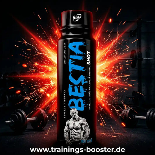 TREC NUTRITION BESTIA Pre Workout Shot 80ml vor einem explosiven Funkenhintergrund im Fitnessstudio