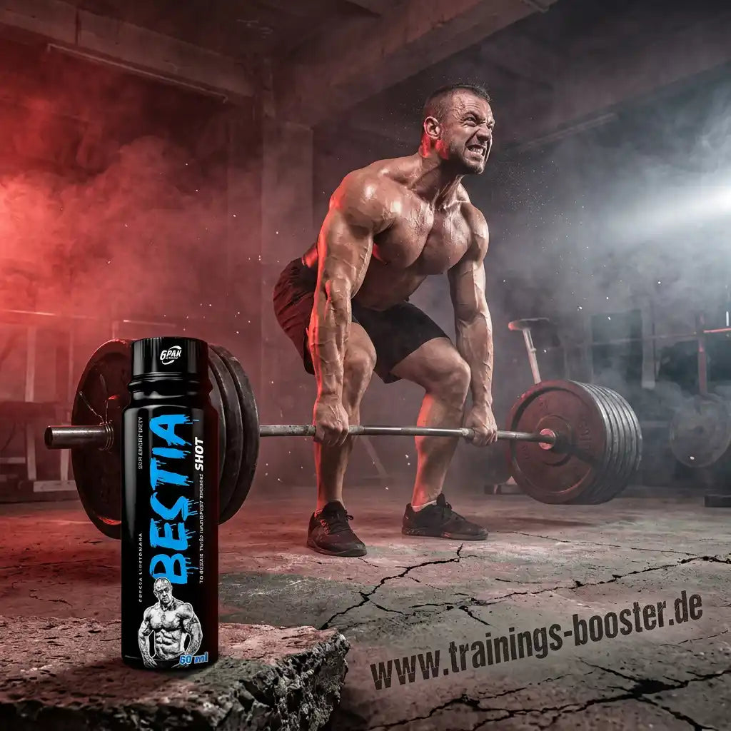 BESTIA Pre Workout Shot von TREC NUTRITION neben einem Bodybuilder beim Kreuzheben.