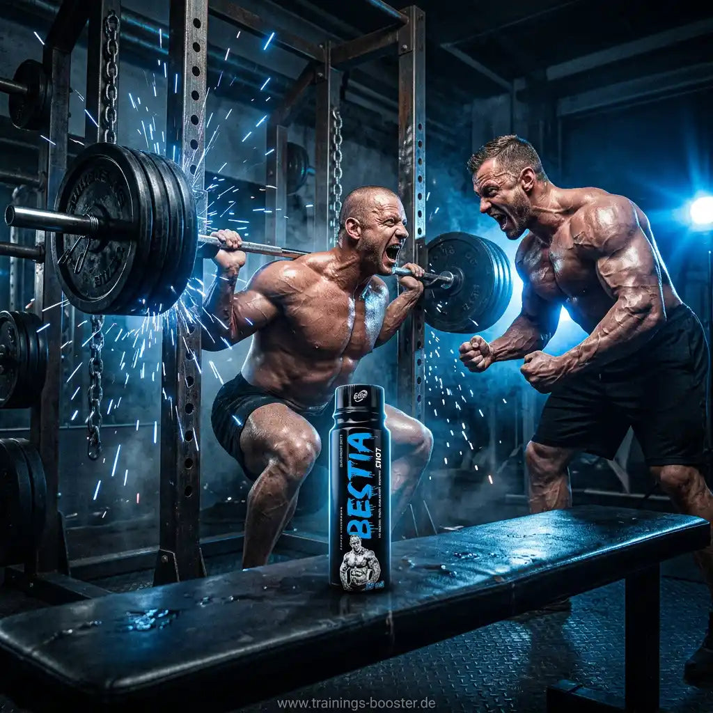 Muskulöse Männer beim Training im Gym mit TREC NUTRITION BESTIA Pre Workout Shot.
