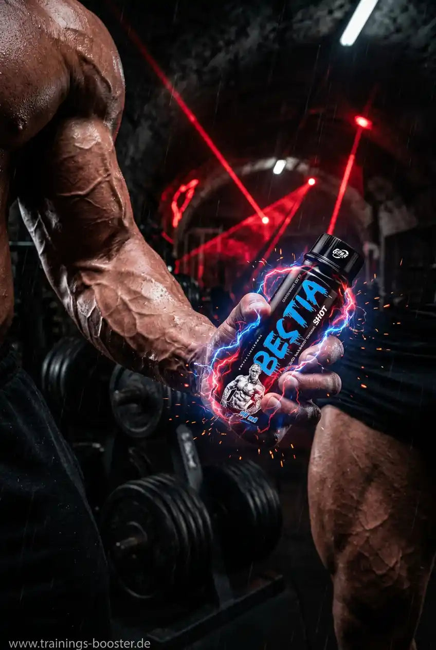 Muskulöser Arm hält einen TREC NUTRITION Bestia Pre Workout Shot in einem Fitnessstudio.
