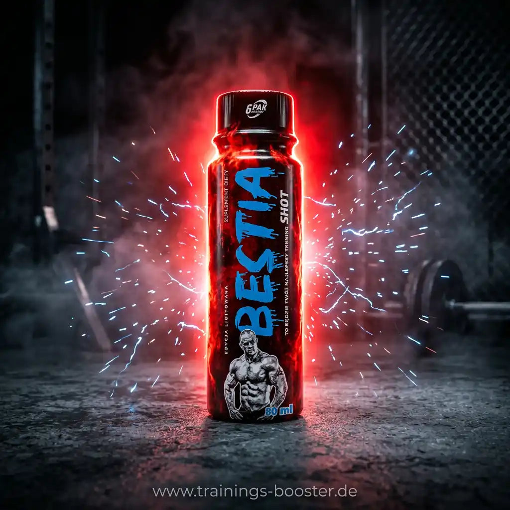 TREC NUTRITION BESTIA Pre Workout Shot 80ml Flasche vor energetischem, rot-blauem Hintergrund