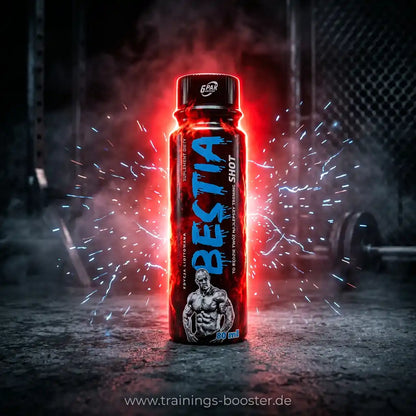 TREC NUTRITION BESTIA Pre Workout Shot 80ml Flasche vor energetischem, rot-blauem Hintergrund
