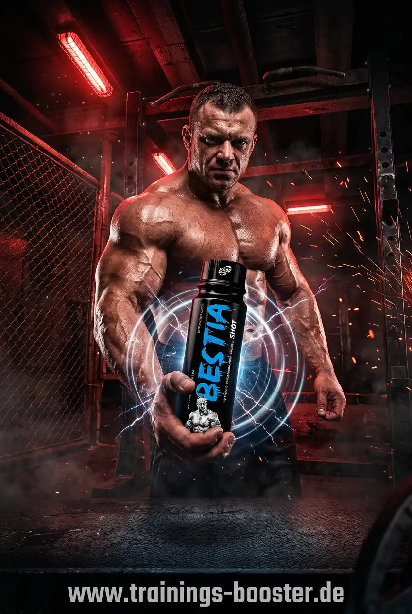 Muskulöser Mann hält einen BESTIA Pre Workout Shot von TREC NUTRITION in einem Fitnessstudio.
