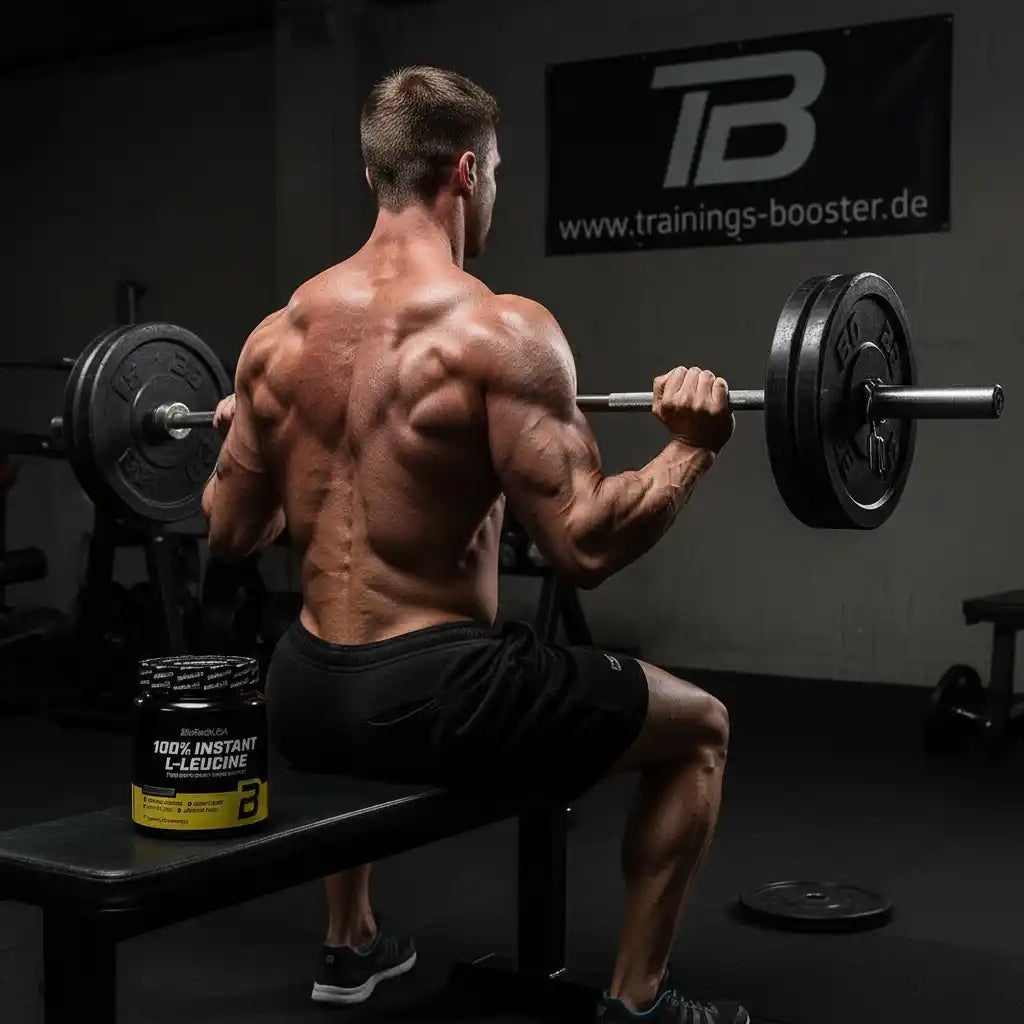 Muskulöser Mann beim Gewichtheben mit L-Leucin-Booster im Fitnessstudio