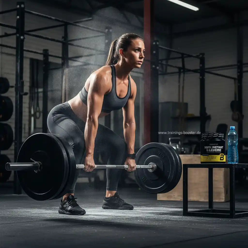 Frau beim Gewichtheben im Fitnessstudio mit L-Leucin-Booster und Wasser