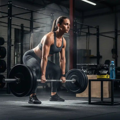Frau beim Gewichtheben im Fitnessstudio mit L-Leucin-Booster und Wasser
