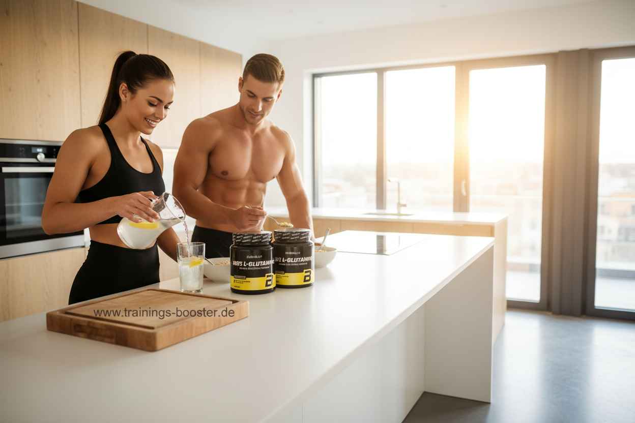 Paar in Küche mit L-Glutamin-Booster und Sportnahrung für Fitness & Training