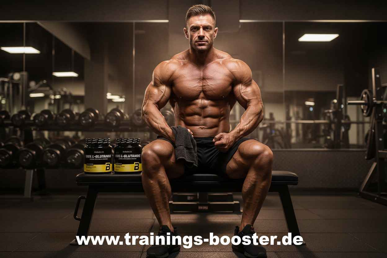Muskulöser Athlet im Fitnessstudio mit L-Glutamin-Booster für Training und Muskelaufbau