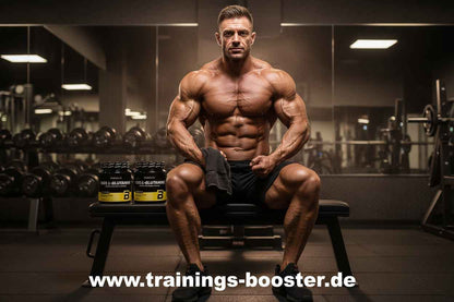 Muskulöser Athlet im Fitnessstudio mit L-Glutamin-Booster für Training und Muskelaufbau