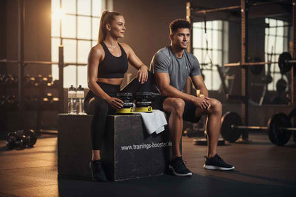 Mann und Frau im Fitnessstudio mit Nahrungsergänzungsmitteln und Trainingsbooster