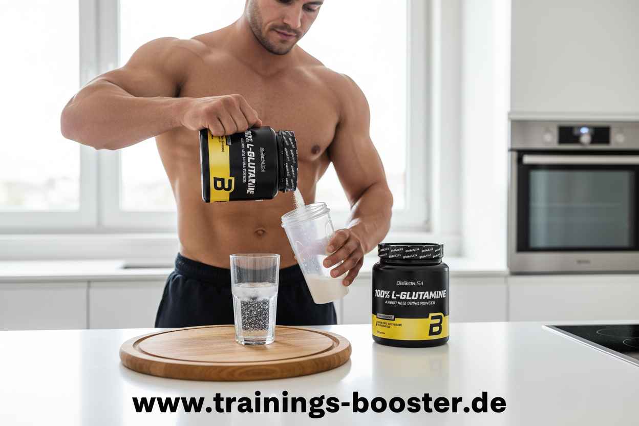 Muskulöser Mann bereitet L-Glutamin Aminosäure Drink in moderner Küche zu – ideal für Sport und Training