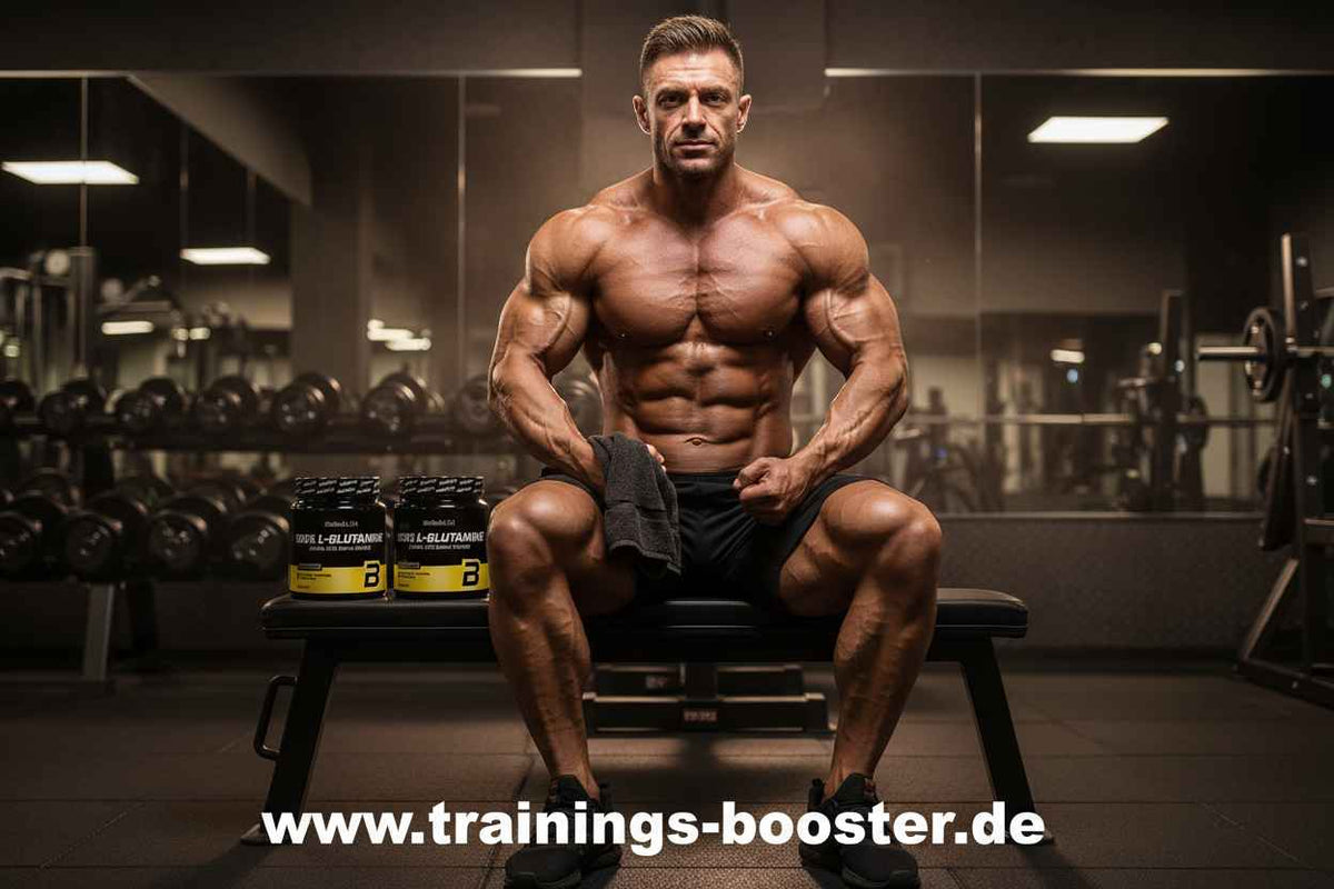 Muskulöser Athlet im Fitnessstudio mit L-Glutamin-Booster für Training und Muskelaufbau