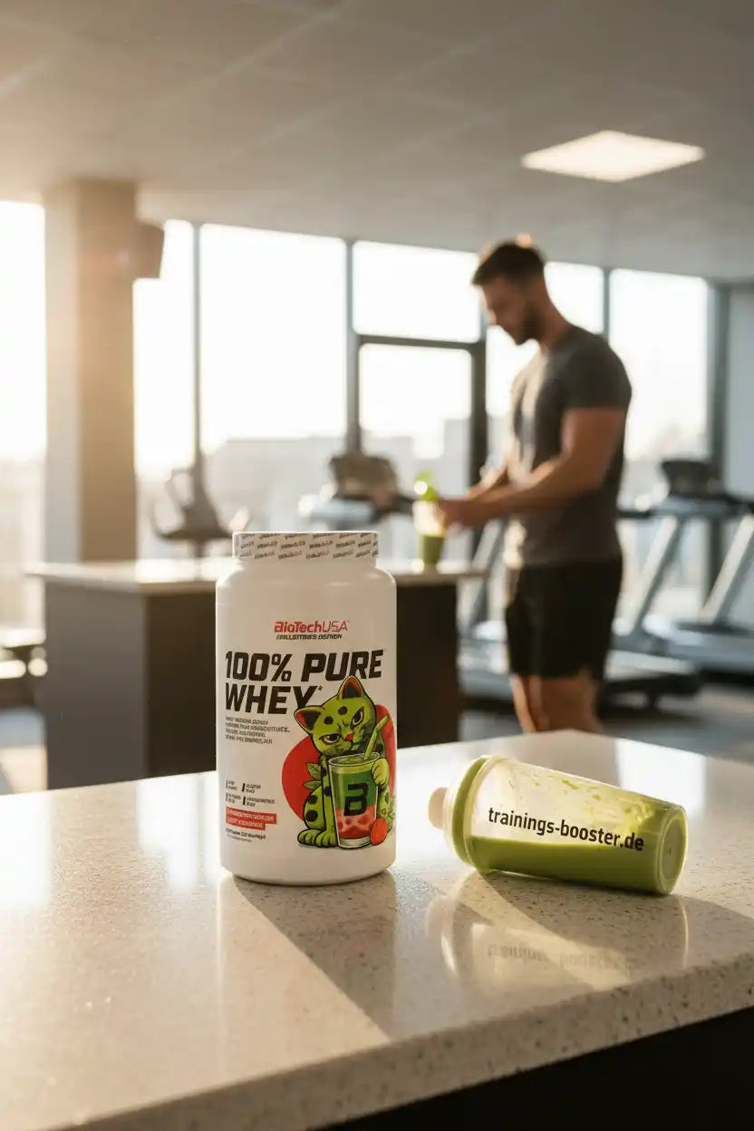 100% Pure Whey Proteinpulver von BioTechUSA im Fitnessstudio mit Shaker und trainierendem Mann
