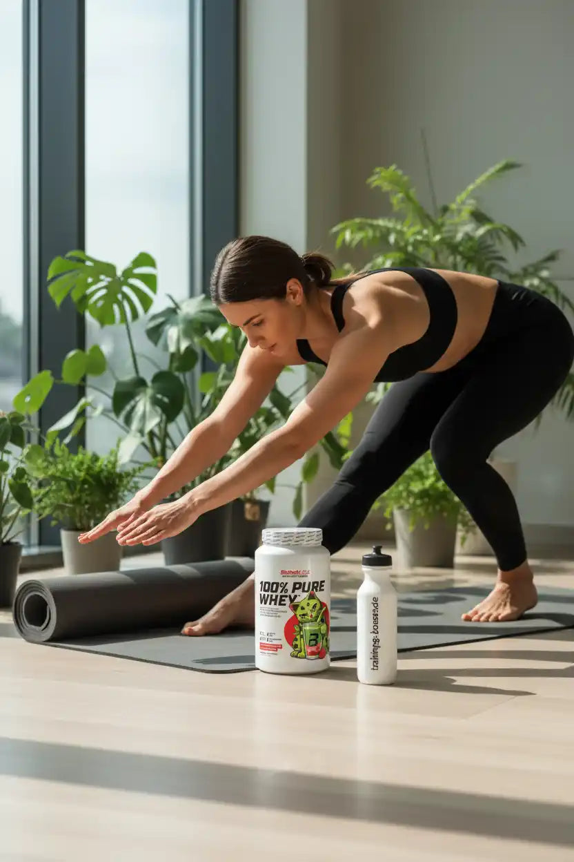 Frau beim Dehnen mit 100% Pure Whey Protein und Trinkflasche auf Yogamatte