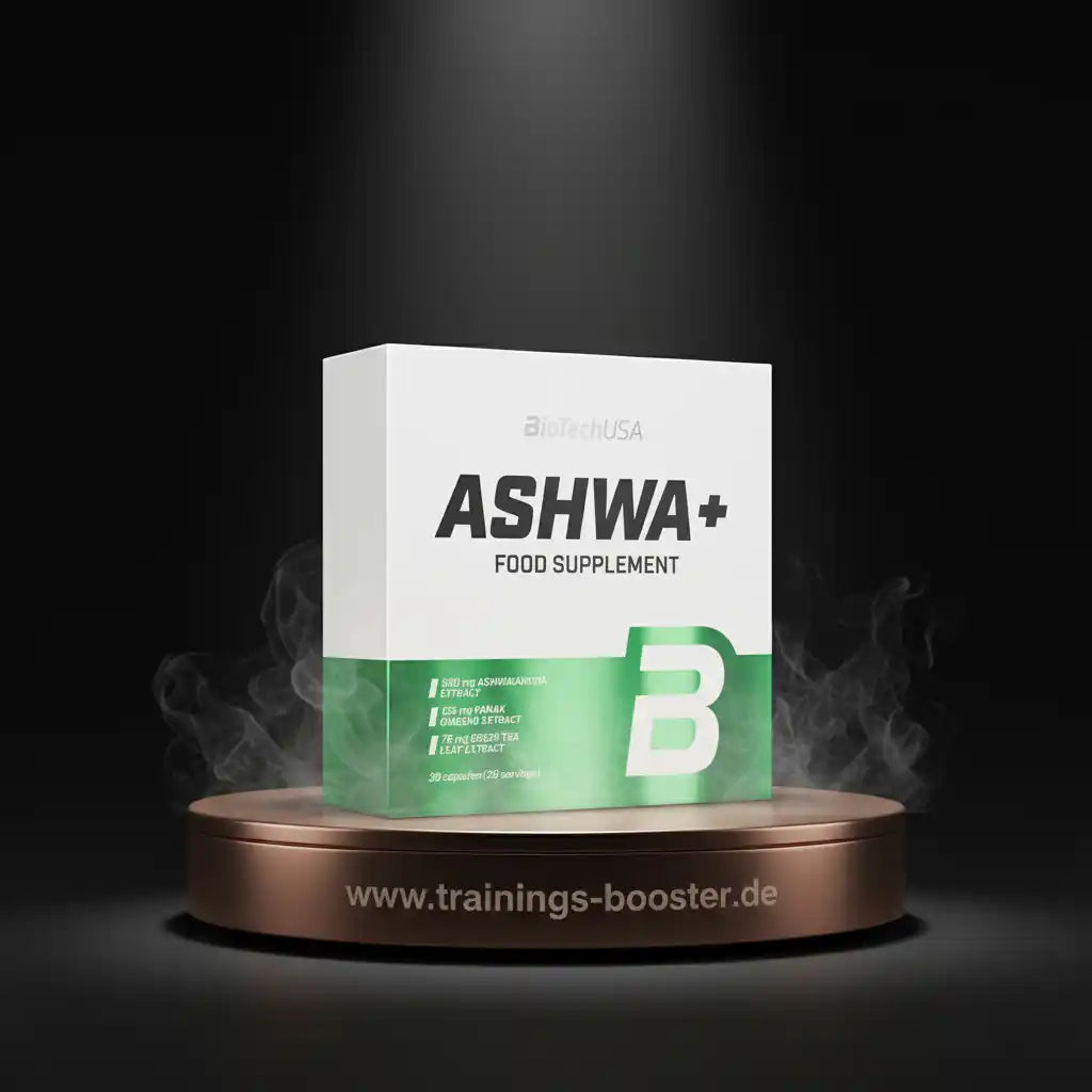 ASHWA+ Nahrungsergänzungsmittel mit Ashwagandha-Extrakt auf Podest
