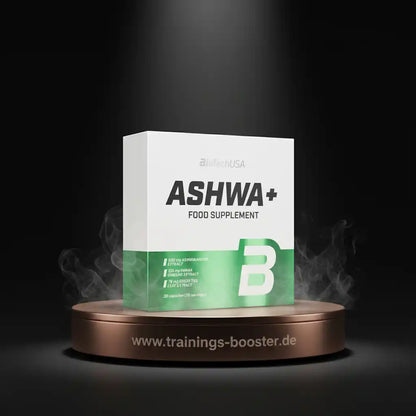 ASHWA+ Nahrungsergänzungsmittel mit Ashwagandha-Extrakt auf Podest