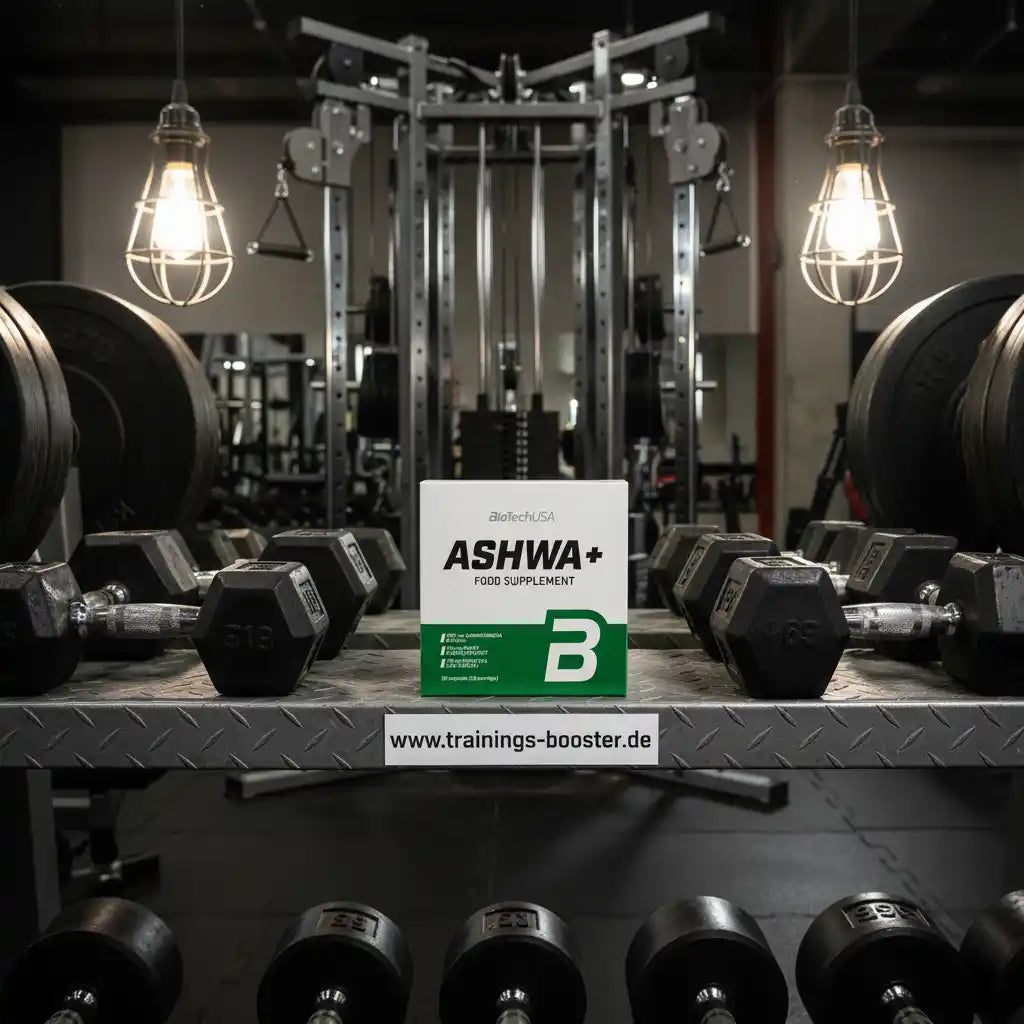 Ashwa+ Nahrungsergänzungsmittel von BiotectUSA im Fitnessstudio mit Hanteln und Trainingsgeräten