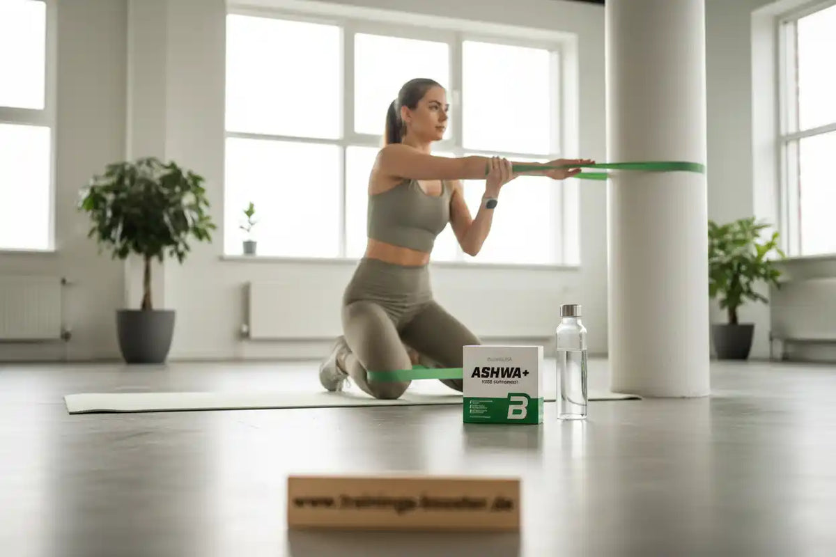Frau trainiert mit Widerstandsbändern neben Ashwa+ Nahrungsergänzungsmittel und Wasserflasche im Fitnessstudio