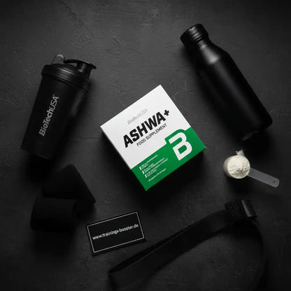 Ashwagandha Nahrungsergänzungsmittel von BioTechUSA mit Shaker und Trainingszubehör