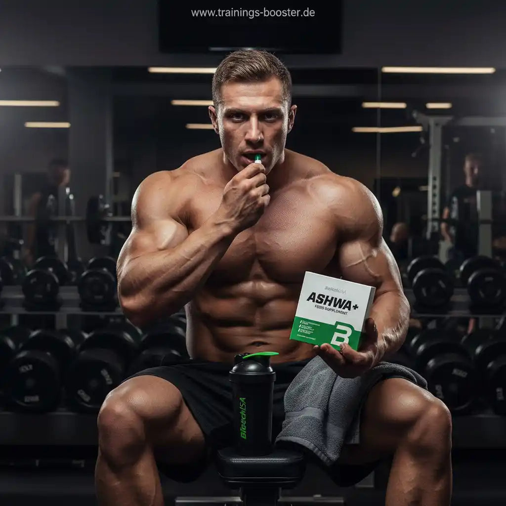 Muskulöser Mann im Fitnessstudio nimmt Ashwagandha-Booster ein – ideal für Sportler und Training