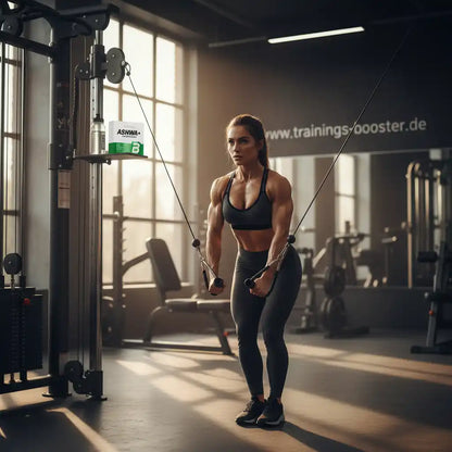 Frau trainiert mit Kabelzug im Fitnessstudio, Ashwa+ Booster im Hintergrund
