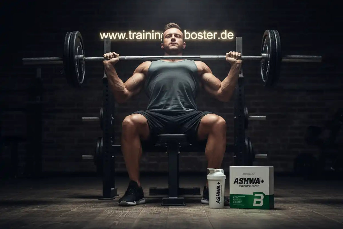 Muskulöser Mann beim Bankdrücken mit Ashwa+ Nahrungsergänzungsmittel im Fitnessstudio