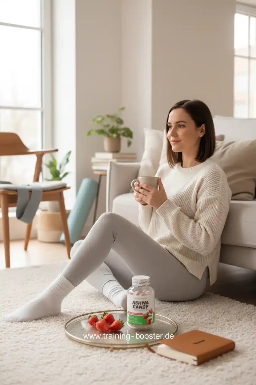 Frau mit Ashwa Candy Kapseln, Erdbeeren und Kaffee im Wohnzimmer – Nahrungsergänzung für Fitness & Wohlbefinden