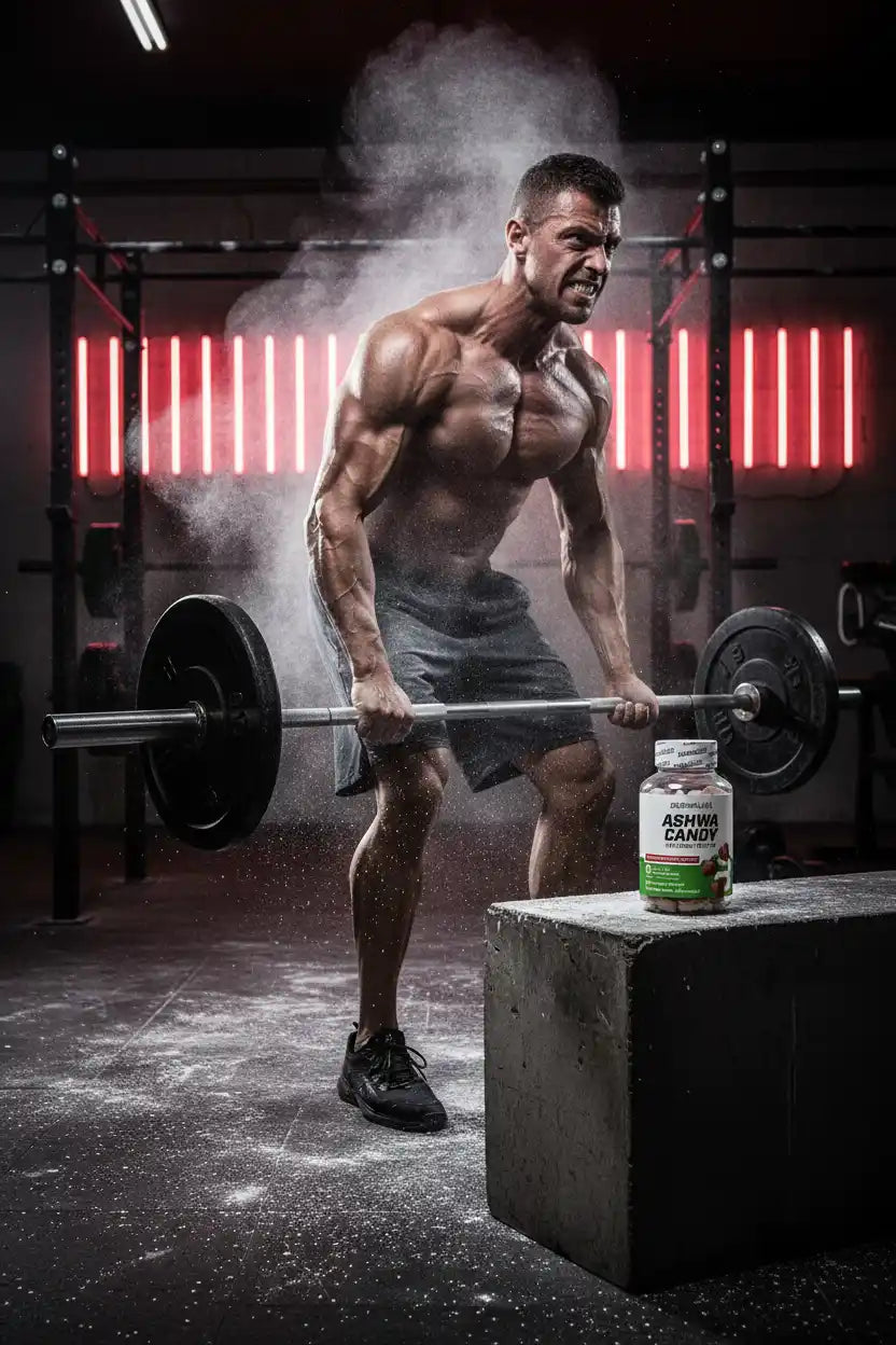 Muskulöser Mann beim Gewichtheben mit Ashwa Candy Booster im Fitnessstudio