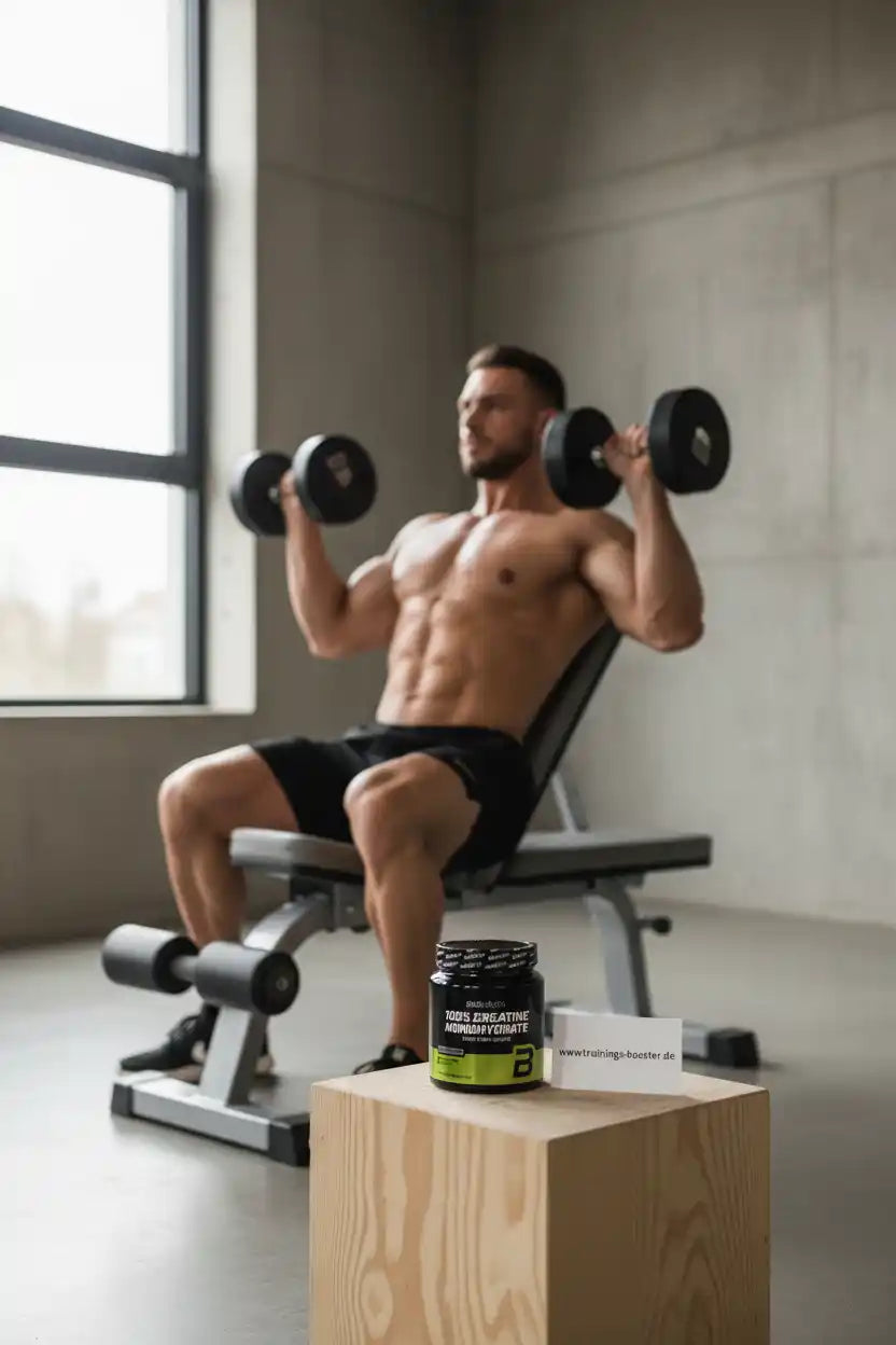 Muskulöser Mann mit Hanteln trainiert, vorne Kreatin-Monohydrat-Dose für Sportnahrung und Fitness-Booster