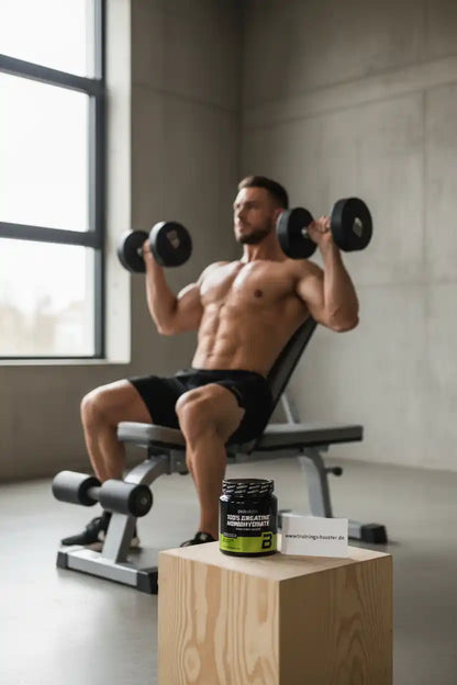 Muskulöser Mann mit Hanteln trainiert, vorne Kreatin-Monohydrat-Dose für Sportnahrung und Fitness-Booster