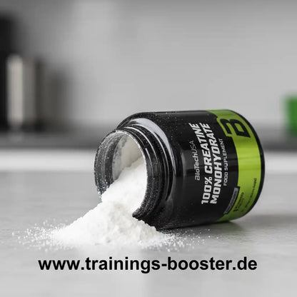100% Creatine Monohydrat Pulver aus schwarz-grüner Dose für Sport und Training