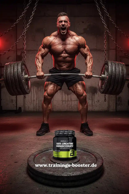 Muskulöser Athlet hebt schweres Gewicht mit 100% Creatine Monohydrate vor sich