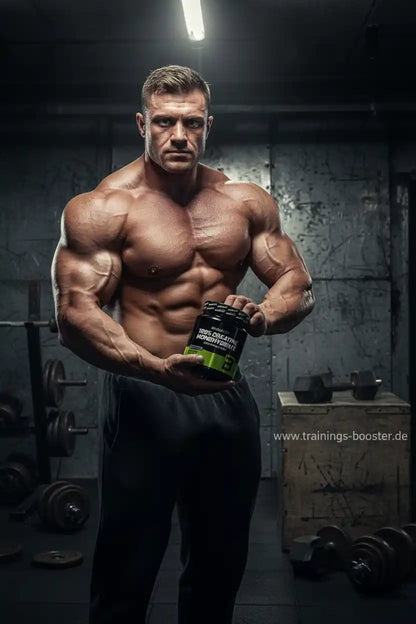 Muskulöser Athlet mit Kreatin-Monohydrat-Booster im Fitnessstudio
