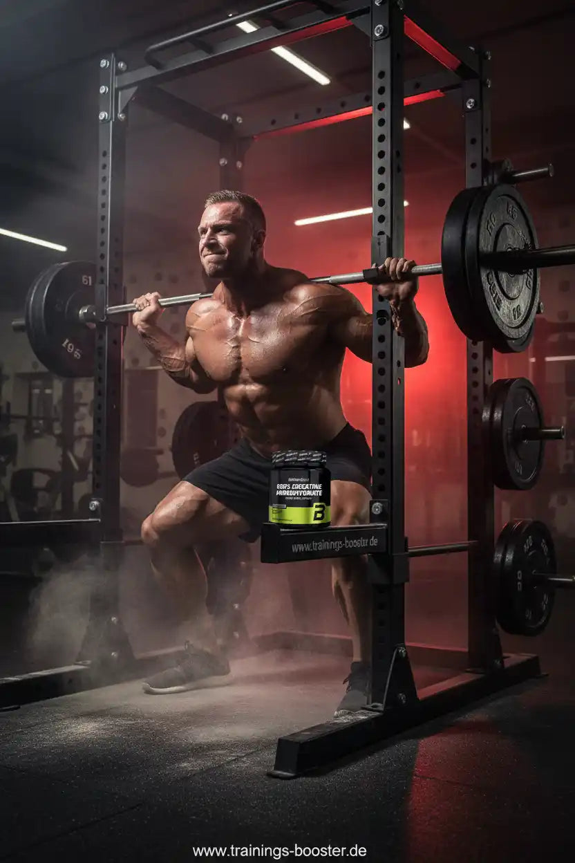 Muskulöser Athlet beim Gewichtheben mit Creatine Monohydrat Booster im Fitnessstudio