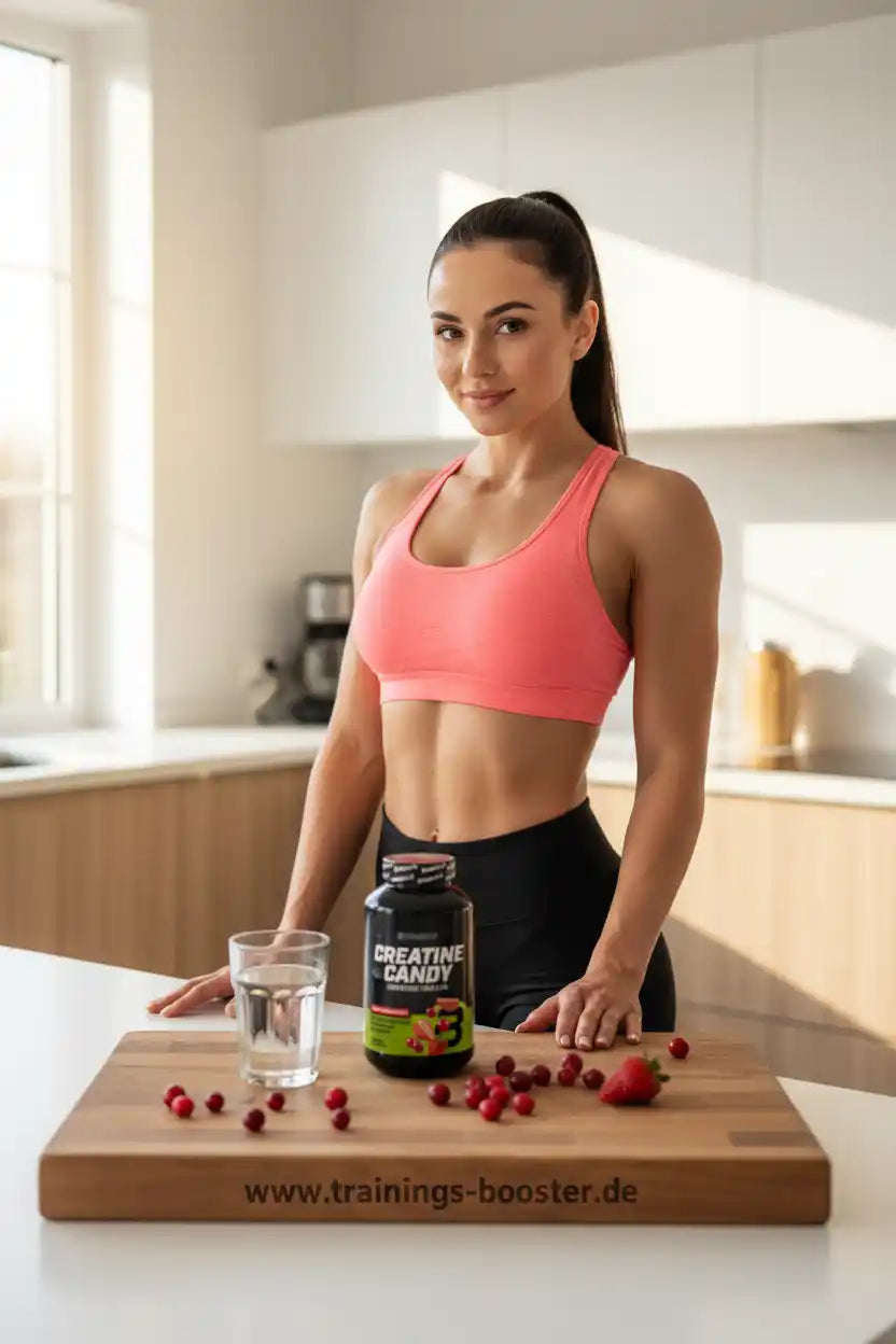 Frau mit Creatine Candy und Beeren auf Holzbrett, ideal für Sportnahrung und Fitness