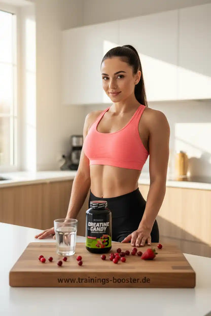 Frau mit Creatine Candy und Beeren auf Holzbrett, ideal für Sportnahrung und Fitness
