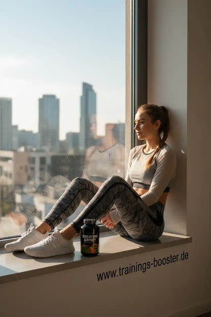 Frau im Sportoutfit mit Creatine Candy vor Fenster, Stadtblick, Fitness & Nahrungsergänzung