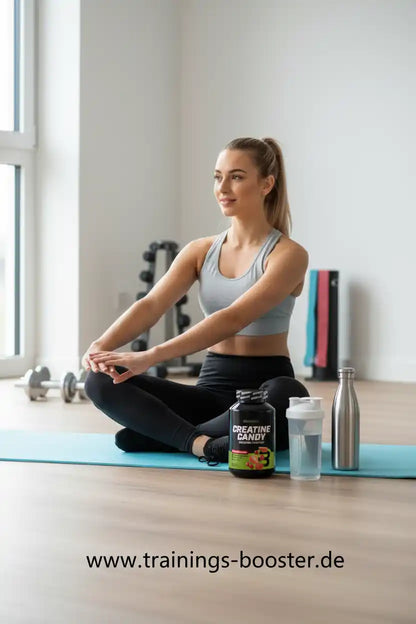 Frau beim Training mit Creatine Candy Booster, Shaker und Trinkflasche auf Yogamatte