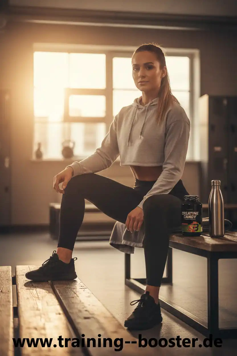 Frau im Fitnessstudio mit Creatine Candy Booster und Trinkflasche, Sportnahrung für Training