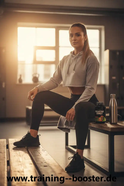 Frau im Fitnessstudio mit Creatine Candy Booster und Trinkflasche, Sportnahrung für Training