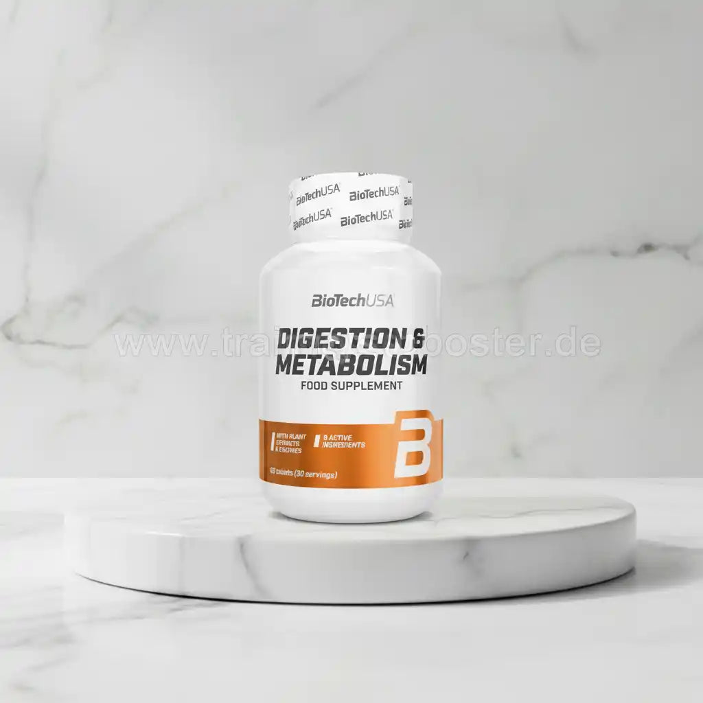 BioTechUSA Digestion & Metabolism Nahrungsergänzungsmittel auf weißem Marmorsockel